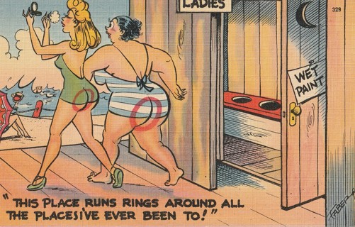 Vintage Unused Postcard: c: Comic:  Wet Paint a the Ladies Bathroom