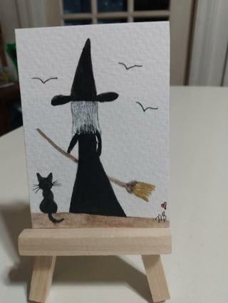 ACEO Original, Watercolor Painting 2-1/2"X 3/1/2" Witch and Cat by Artist Marykay Bond