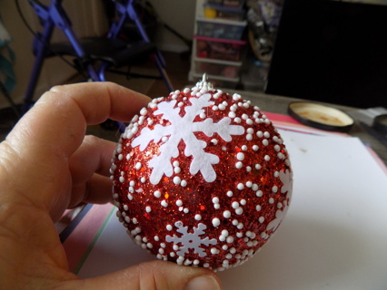 4 inch homemade red snowflake and snowball covered ornament