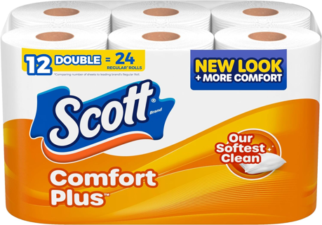 [NEW] Scott Comfort Plus Toilet Paper, 12 Double Rolls, Septic-Safe, 1-Ply Toilet Tissue