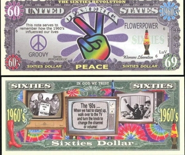 1 peace 1960,69, 60 dollar bill novelty play funny fake money W/Sleeve