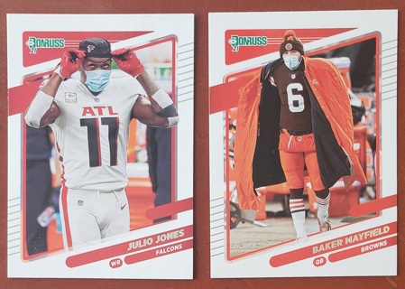 2 different 2021 Donruss Football Cards with mask photo variation - Julio Jones & Baker Mayfield