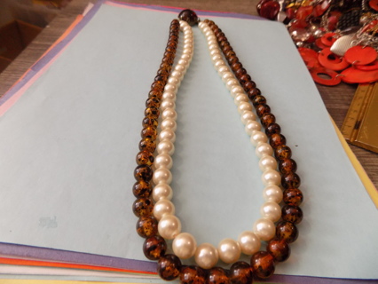 Necklace vintage double strand white and rootbeer color pearl beads elegant