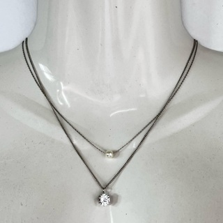 Double Strand Silver Necklace with Pearl & CZ Pendants 