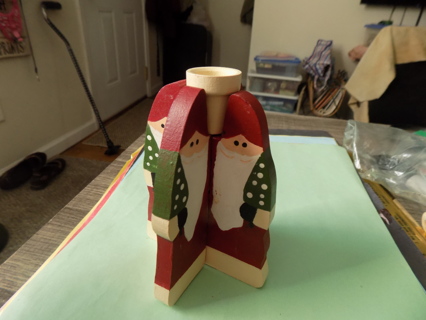Wooden 4 hand painted Santa's fit together to form taper candle holder with white cup # 2