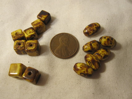 Bead Lot: Stone? Dark Yellow w/ Brown Squared & Oblong