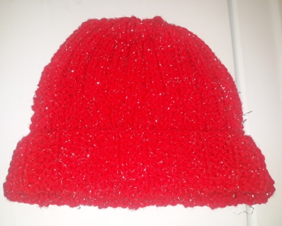 Handmade Knit Beanie Hat (Red w/Silver Thread)
