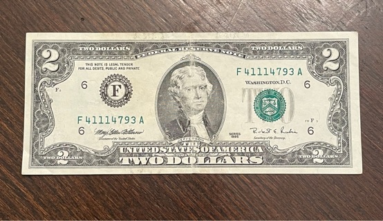 1995 Series $2 Dollar Bill Circulated Condition 