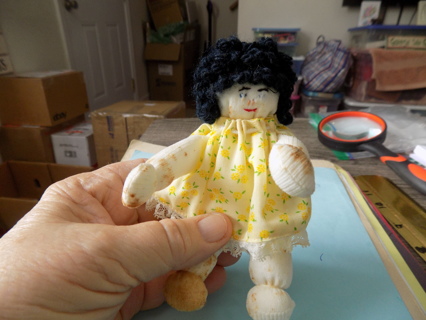 Vintage 5 inch home made doll black hair yellow dress