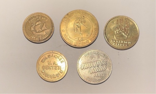 5 Different Vintage Quarter Sized Tokens