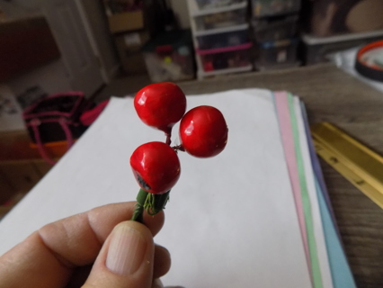 Christmas pick 3 red shiny cranberries on wire