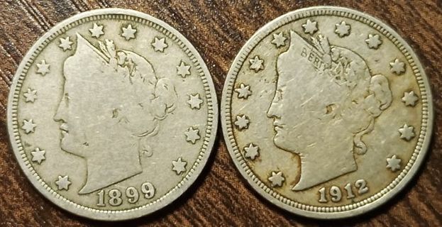 1899 & 1912 USA Liberty V-Nickels Full bold dates!