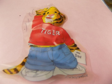 4 inch window/mirror cling Tiger in red T shirt & blue jeans waving