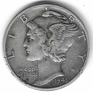 1943 Mercury Dime 90% Silver U.S. 10 Cent Coin