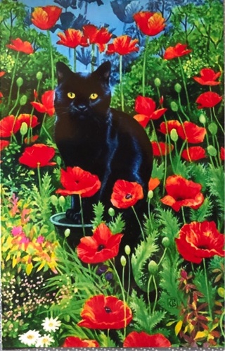 Black cat with poppies - 3 x 5” MAGNET - GIN ONLY