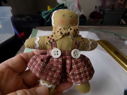 5 inch cloth gingerbread girl fabric ornament red plaid skirt with suspenders