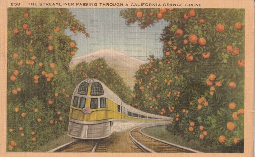 Vintage Used Postcard: g: 1941 Streamliner Passing through California Orange Grove