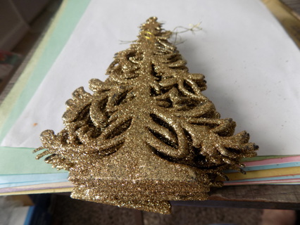 12 gold plastic tree shape flat glittery ornaments