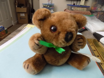 Vintage Enesco Brown bear mini plush tag attached and green ribbon poseable