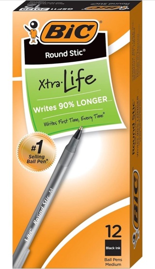 BIC Round Stic Xtra Life Ballpoint Pen, Medium Point (1.0mm), Black, 12-Count