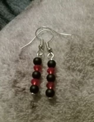Black Lava Rock & red crystal bead earrings nip