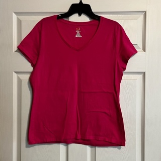 Women's Hot Pink Hanes V Neck Short Sleeve Shirt - Size L/G