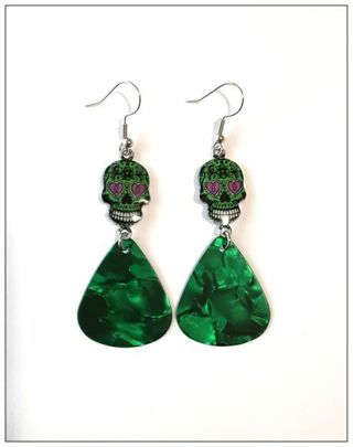 Green Sugar Skull Guitar Pick Earrings B-7