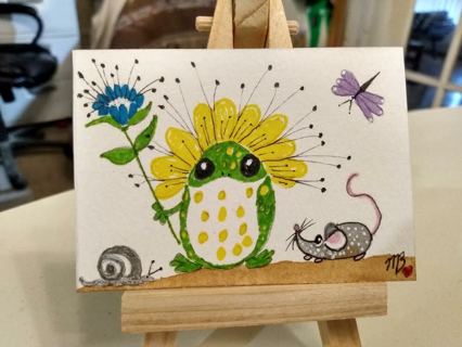 Original, Watercolor ACEO Painting 2-1/2"X 3/1/2" Whimsical Frog Land by Artist Marykay Bond