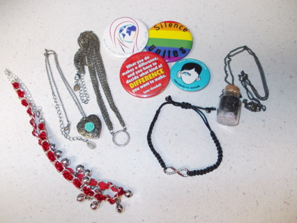 Jewelry LOT#1 Necklaces Bracelet and Pinback Buttons