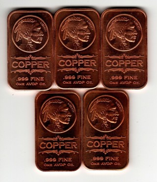 Lot of 5 - One Ounce .999 Copper Bar - Buffalo Nickel Design 