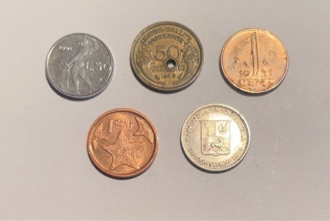 5 Different Penny Sized Foreign Coins 