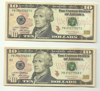 NEW NM TEN Dollar Bills Series 2017A $10 Bill Sequential Serial Numbers Lot of 2