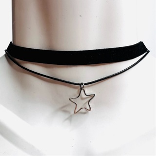 Black Double Choker Necklace with Silver Star Pendant 