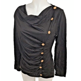 Womens Super Pretty Black Shirt Button Flattering Top Tee Tunic Blouse Size L