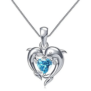 Couple Dolphin with Blue Heart CZ Necklaces