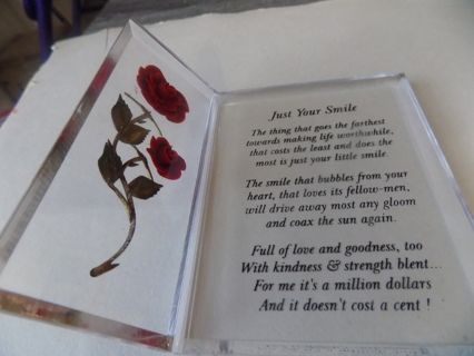clear lucite carved rose with a poem about just your smile