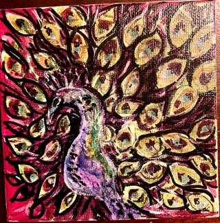 Hand painted 4 inch x 4 inch "Peacock" Painting (Signed)
