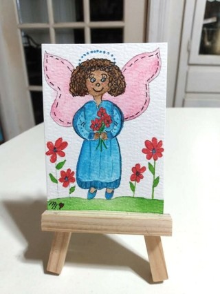 ACEO Original, Watercolor Painting 2-1/2"X 3/1/2" Whimsical Country Angel by Artist Marykay Bond