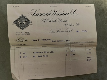 San Francisco: Sussman Wormser Grocer 1909 invoice for Carnation Milk & Head Rice