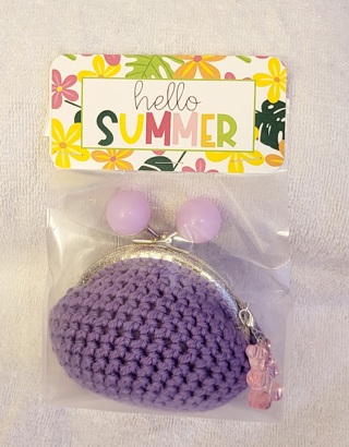 CROCHET 3 1/2 X 3 1/2 COIN PURSE WITH A LARGE SOFT PURPLE BALL CLASP