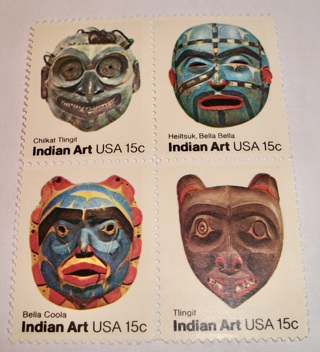 Scott #1834-37, Indian Masks, Pane of 4 Useable 15¢ US Postage Stamps Has Original Gum.