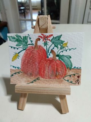 ACEO Original, Watercolor Painting 2-1/2"X 3/1/2" Fall Pumpkins Are Coming by Artist Marykay Bond