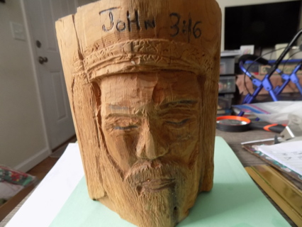 Jesus in 3D carved from a wood log Woodburned John 3:16 7 inch tall  signed by artist