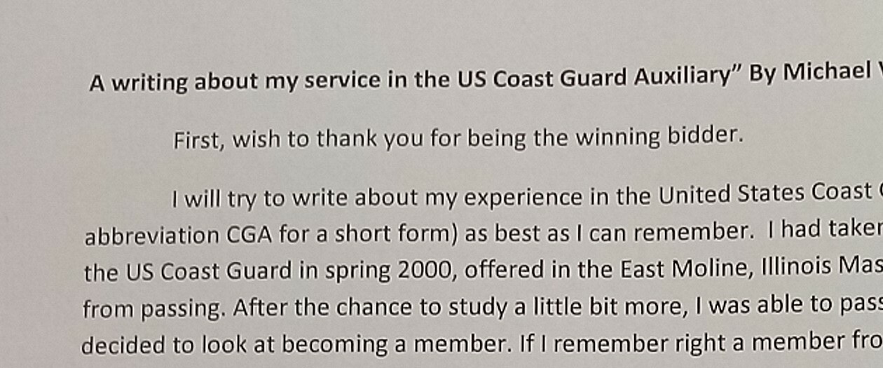 FREE: a writing about my service in the US Coast Guard Auxiliary mailed to the winner