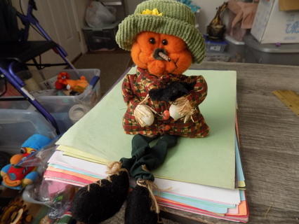 12inch tall pumpkinhead fabric shelf sitter in green cordoroy hat