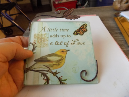 Glass tile wall hanging A Little Time adds up to a lot of love, canary, butterfly, gold leaf