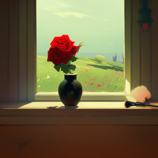 Listia Digital Collectible: Large Red Rose in black vase in window