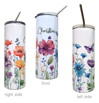 Personalized Skinny Tumbler To Go Mug Cup Mom Sister Friend Stainless Steel Flowers Name