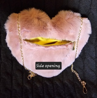 NEW SOFT FUR CROSSBODY HEART PURSE WITH  GOLDTONE METAL CHAIN STRAP=48"LONG