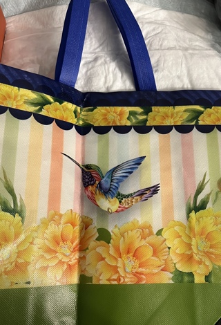BNIP Pretty Green and Blue Flowered Bag w/ Birds. Decorated On Both Sides (14 x 14 ) Reusable